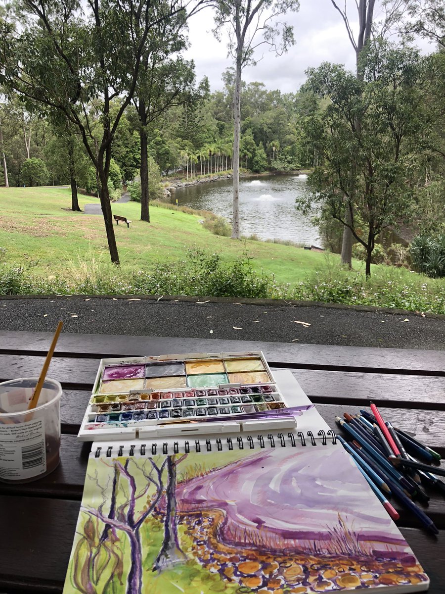 MandalouAu's tweet image. Working outdoors today for inspiration luckily a cool rainy day 👌🏻🌳☔️ #watercolour #hiddenlake #artist #botanicalgardens #nftartists #nftcommunity #artist #colourful #landscapes