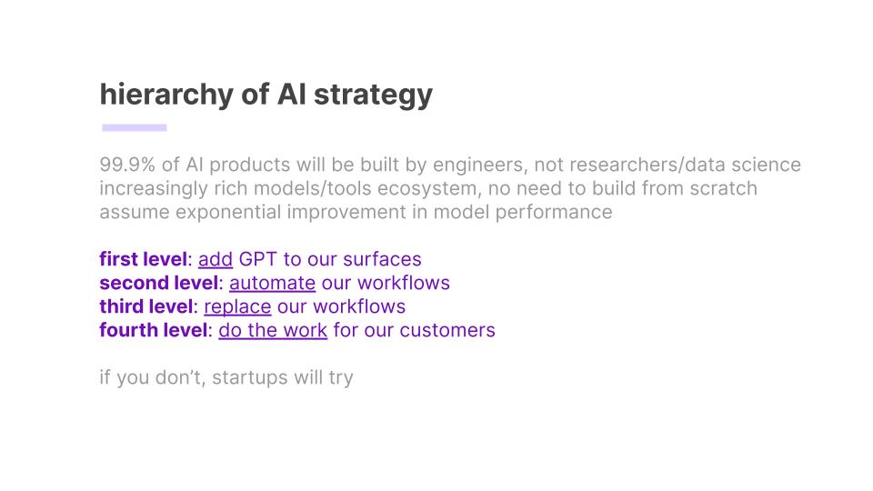 saranormous's tweet image. I gave a simple talk to several corporate boards this past few weeks, "Every Company Needs An #AI Strategy" -- including :
- a nontechnical intro for any business person to LLMs
- opportunities and threats
- AI strategy hierarchy
- second order impacts
sarahguo.com/blog/everycomp…
