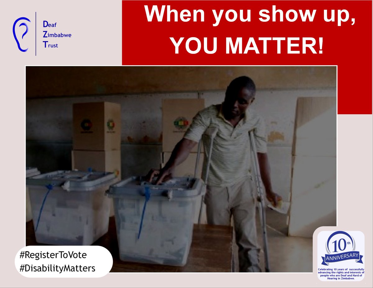 #RegisterToVoteZw
#DisabilityMatters 
#DisabilityInclusiveManifestos

<a href="/3KtvZim/">3Ktv</a> 
<a href="/ZESN1/">ZESN</a>
<a href="/ZECzim/">Zimbabwe Electoral Commission</a>
@OMpslsw
<a href="/ParliamentZim/">Parliament of Zimbabwe</a> 
<a href="/HeraldZimbabwe/">The Herald Zimbabwe</a> 
<a href="/CCCZimbabwe/">Citizens' Coalition for Change</a> 
<a href="/ZANUPF_Official/">ZANU PF</a> 
<a href="/DailyNewsZim/">@DailyNewsZim</a> 
<a href="/capitalkfm/">Capitalk100.4fm</a> 
<a href="/HonNasperManyau/">Hon Nasper Manyau</a> 
<a href="/DisabilityMove1/">Disability Talk</a> 
<a href="/NkomwaTrust/">NKOMWA FOUNDATION TRUST</a> 
<a href="/NASCOHZW1/">NASCOHZWᅠ</a>
