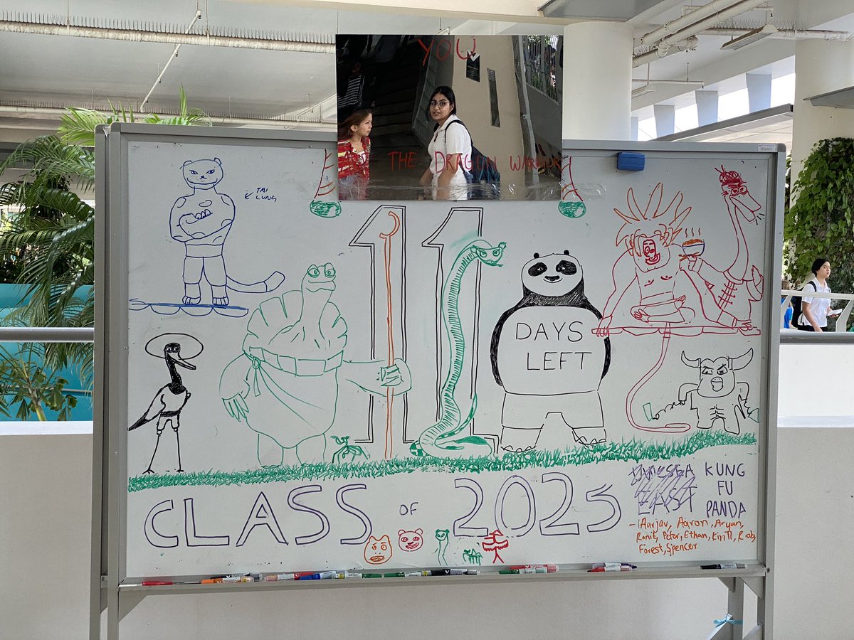 davecaleb's tweet photo. 11 days left for seniors at #uwcsea_east. Today’s board is Kung Fu Panda themed with a mirror so students looking at the board are reflected in the mirror. #uwcsea #uwclearn https://t.co/vzglbB98Y3