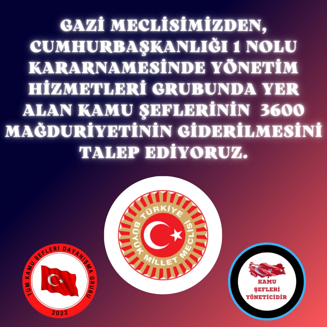 Yönetim Hizmetleri Grubunda yer alan, 3600 Ek Gösterge verilmeyen tek Yönetici #TümKamuŞefleri Meclis kapanmadan Torba Yasayla mağduriyetlerinin giderilmesini bekliyor. <a href="/RTErdogan/">Recep Tayyip Erdoğan</a> <a href="/vedatbilgn/">Vedat Bilgin</a> <a href="/mustafaelitas/">Mustafa Elitaş</a> @yilmaz_ismet58 <a href="/AvOzlemZengin/">Av. Özlem Zengin 🇹🇷</a> <a href="/yilmaztunc/">Yılmaz TUNÇ</a> <a href="/Mustafa_Destici/">Mustafa Destici</a> <a href="/turanbulent/">Bülent TURAN</a>