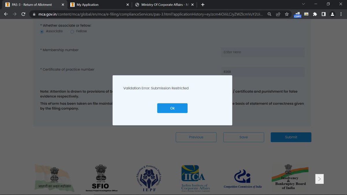ullaspai's tweet photo. @MCA21India @nsitharamanoffc @CimGOI @FinMinIndia 
Allotment of shares to shareholders cannot be filed as Form PAS-3 for allotment shows a validation error "submission is restricted".  Ticket No. FO_20230322666169
All financial activity end of FY is stuck because of MCA V3. https://t.co/h2vnAST2f7