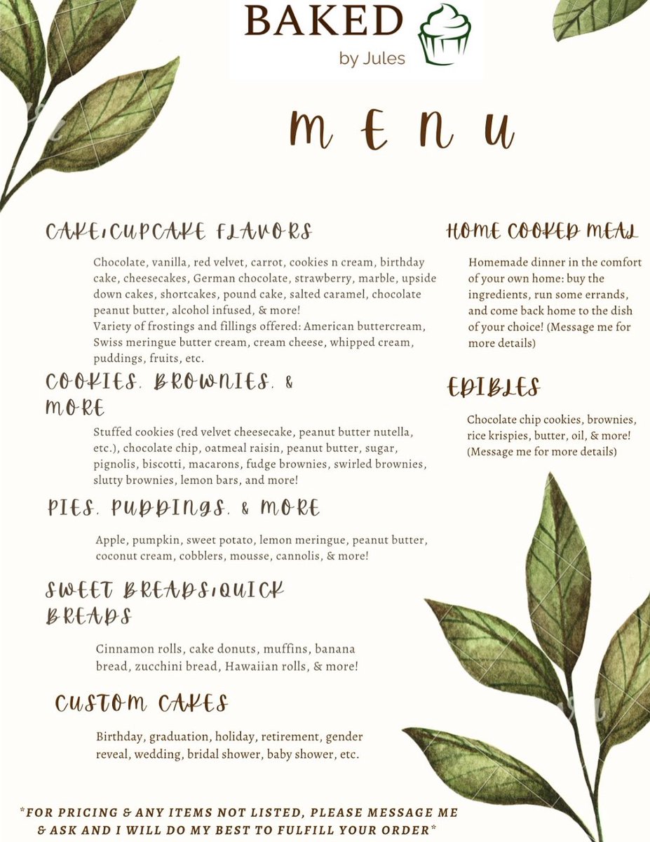 pastriesbyjules's tweet photo. Official menu is complete!! 🥂 

Choose from a large variety of baked goods and pastries &amp; maybe even a dinner for 2 on a Saturday date night! 😉

Please message me for any questions you may have, and I’m always open to making items that may not be listed! 🍮🍫🍦 https://t.co/8gs0iezbo5