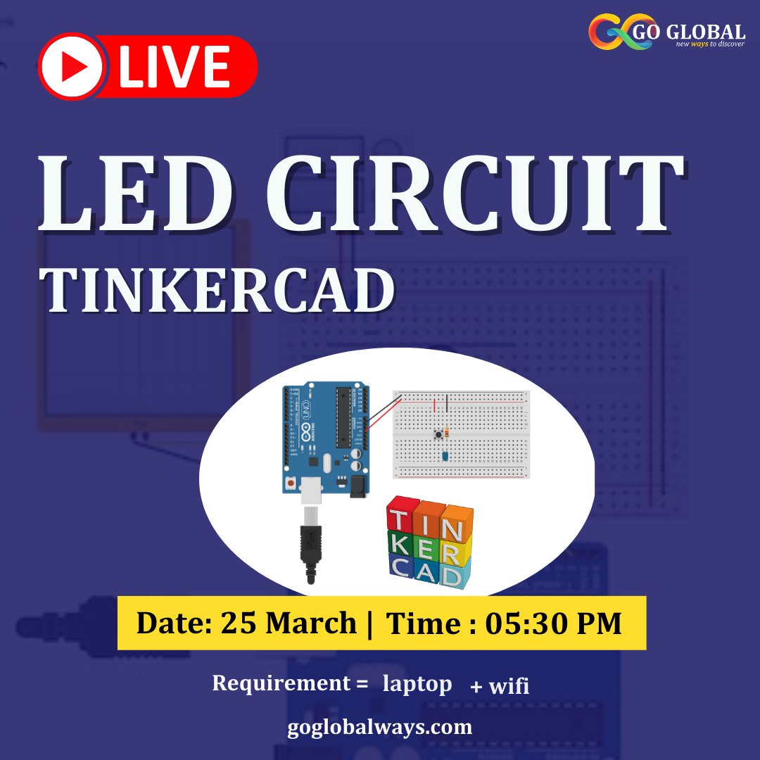 Free live Sess to learn how to make LED Circuit  In Tinkercad.
Let's learn to make LED Circuity with us Live!! 
.
Youtube link - buff.ly/42ywcio 

#circuit #arduino #tinkercad #ledlight #light #coding #programming #tinkercadcircuits #arduino #arduinouno #arduinounor3