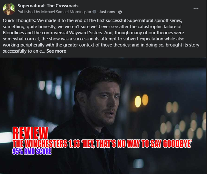 Listen to our complete coverage: tinyurl.com/mtf7va4r  

RMD Scores:
Finale - 95%
Season - 76%

#Supernatural #TheWinchesters #CrossroadsSPN