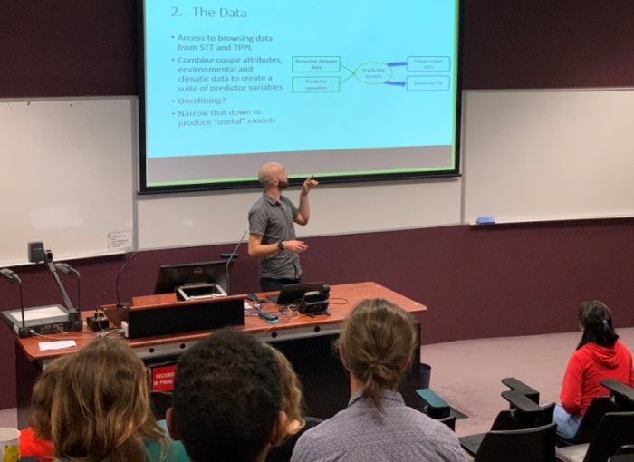 Great work happening by PhD Student Jamie Grimsdale who recently presented his intro seminar on mammal browsing solutions in forestry. 
 “it was great to have the opportunity to tell partners and the school about my work and tick off a first-year milestone all in one. ”