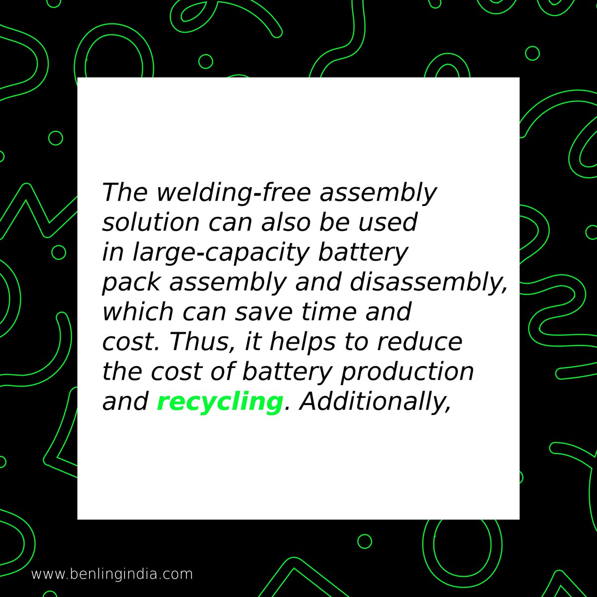 The future of battery production is here! Our welding-free assembly solution is not only eco-friendly but also cost-effective. By reducing assembly time and cost, we're helping to make sustainable energy accessible to everyone. #sustainableenergy #cleanenergy #Safeguard #benling