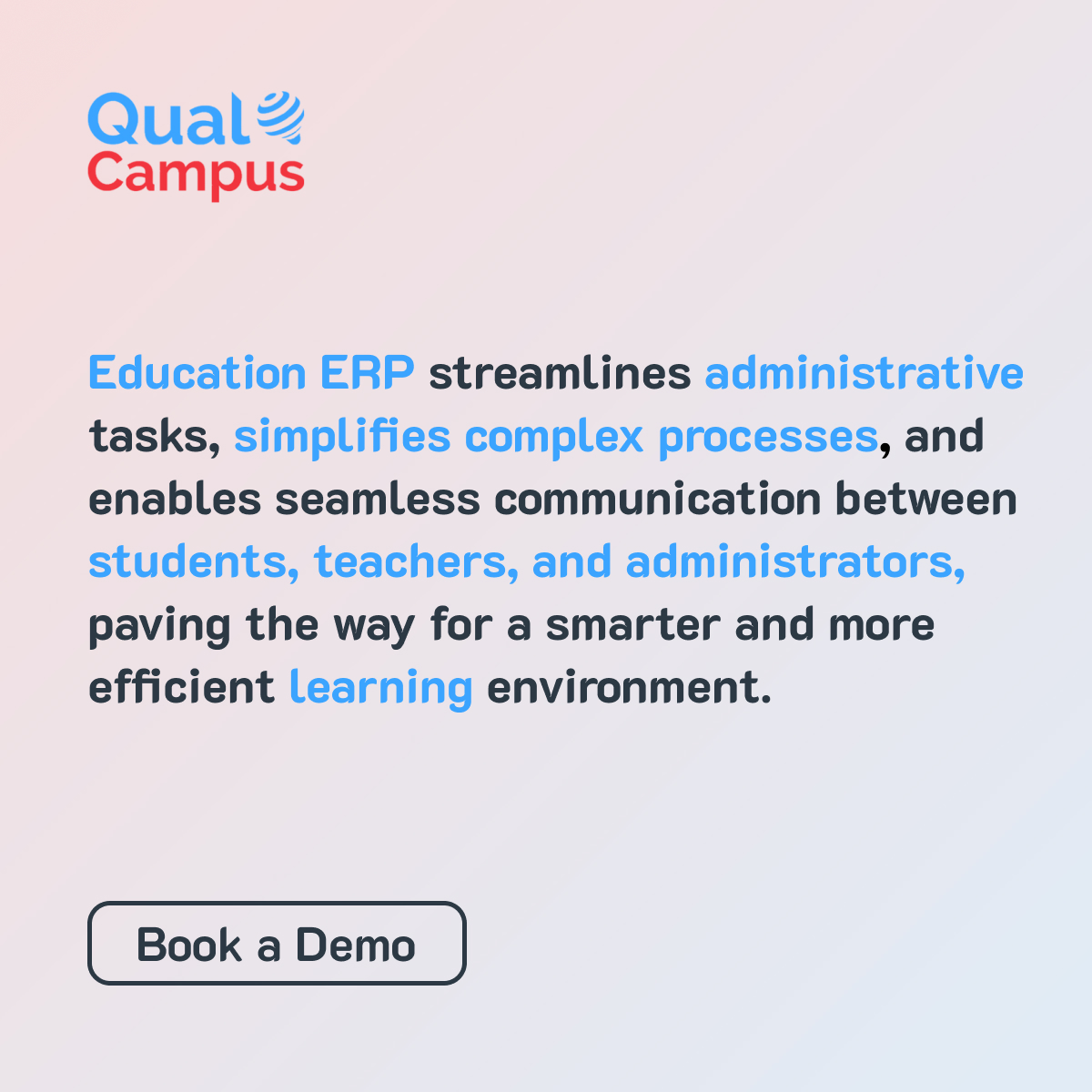 qualcampus's tweet image. Say goodbye to tedious paperwork and hello to efficient, data-driven education management.   

Book a Demo bit.ly/3yYORGy

#EducationERP #EfficientEducation #StreamlinedManagement #DataDrivenLearning #RevolutionizeEducation #OptimizeCommunication #ModernEducation