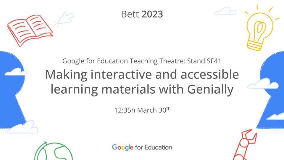 elenavercher's tweet photo. Excited to share that I’ll be joining @GoogleforEdu at #Bett2023 in London next week!
If you’re attending make sure you stop by Google’s booth #SF41 for the "Making interactive and accessible learning materials with @genially" Teaching Theatre session: https://t.co/u63ZwcnBgQ✨ https://t.co/QOBAO1VkLr