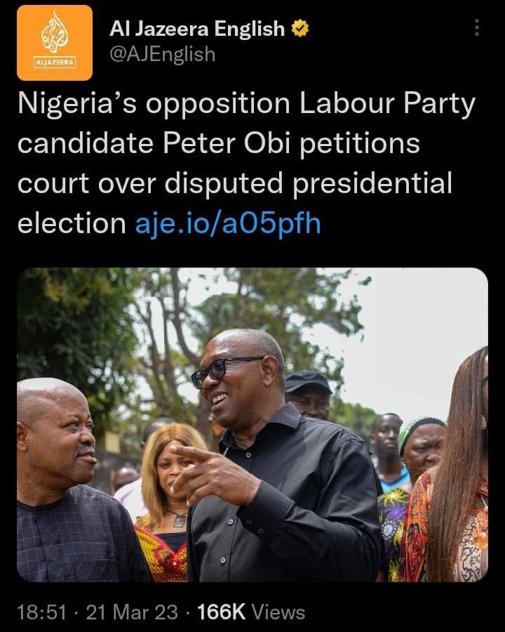 Sports_Doctor2's tweet photo. Two people filed a petition yesterday to the Electoral Tribunal but it's one person's petition that CNN, Al Jazeera, Reuters, etc have carried his own.

PETER OBI IS NOT YOUR MATE!!!! https://t.co/yivycNUfIl