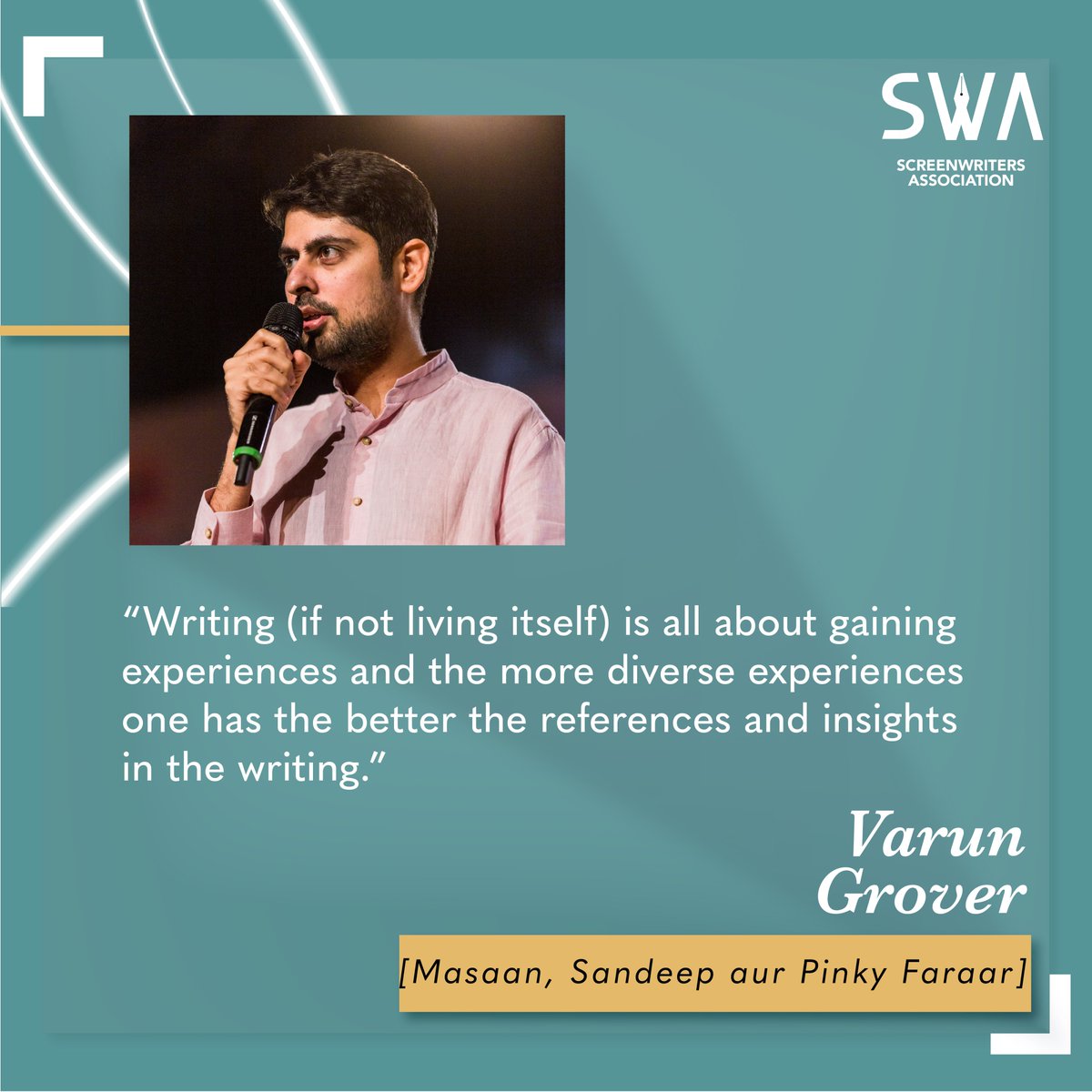 #screenwriting #swa #quotes #writerkaun #Hindicinema #lyricist #varungrover #Indianscreenwriters #masaan #sandeepaurpinkyfaraar #screenwritingtips #screenwritingadvice 

@zamahabib