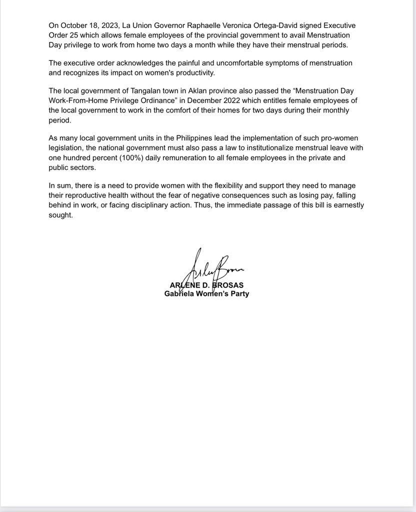 LOOK: Gabriela Partylist files House Bill 7758 granting menstrual leave of a maximum of two days per month with 100% daily remuneration to all female employees in the private and public sectors. | via <a href="/RG_Cruz12479/">RG Cruz, ABS-CBN News</a>