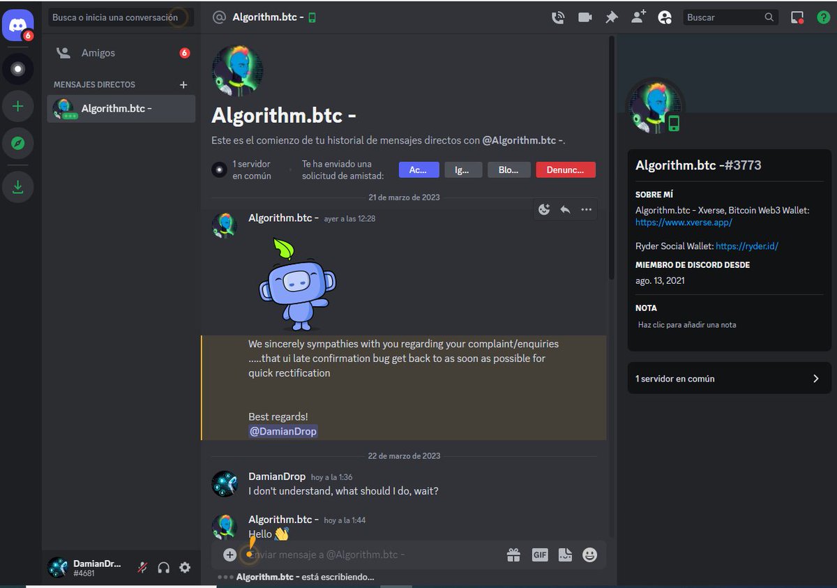 damidr2p's tweet photo. @ordinalswallet  I have been asking for days on your discord why my nft is not reflected in my wallet, what I have received as a response is a lot of fake chats, with links where I must place my secret phrases and connect my wallet https://t.co/vdxF5BomdH