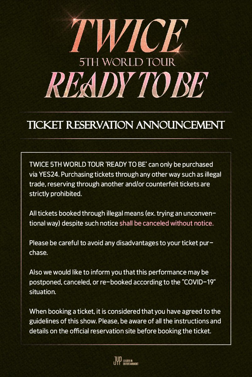 Image for TWICE 5TH WORLD TOUR ‘READY TO BE’
Tonight(3/22) 8PM KST, ONCE 3rd JELLY Ticket Open!
- YES24 : https://t.co/b6k4UmXhIM (PC Only)
Please be aware of all the instructions on the official reservation site before booking.
#TWICE #트와이스 #READYTOBE
#TWICE_5TH_WORLD_TOUR https://t.co/kEFtYM6VFr