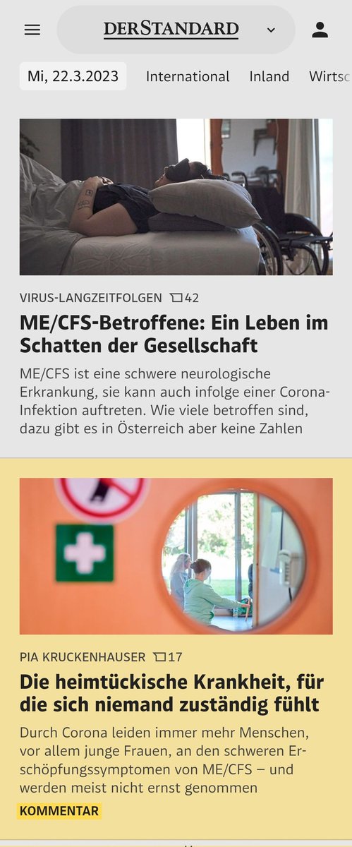 Martin Kotynek (@martin_k) on Twitter photo Immer mehr Menschen, vor allem junge Frauen, leiden an den schweren Erschöpfungssymptomen von ME/CFS - und werden meist nicht ernst genommen. Auf <a href="/derStandardat/">DER STANDARD</a> machen wir dazu heute Früh einen Schwerpunkt von <a href="/piakruckenhause/">Pia Kruckenhauser</a> & <a href="/acertainlevin/">Levin Wotke</a>:
.
derstandard.at/story/20001446…
. Immer mehr Menschen, vor allem junge Frauen, leiden an den schweren Erschöpfungssymptomen von ME/CFS - und werden meist nicht ernst genommen. Auf <a href="/derStandardat/">DER STANDARD</a> machen wir dazu heute Früh einen Schwerpunkt von <a href="/piakruckenhause/">Pia Kruckenhauser</a> & <a href="/acertainlevin/">Levin Wotke</a>:
.
derstandard.at/story/20001446…
.
