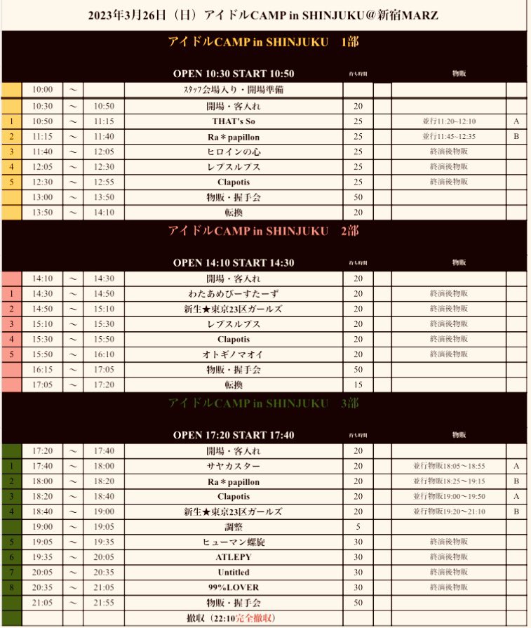 idolcamp2016's tweet photo. アイドルCAMP in SHINJUKU 
 
2023年3月26日（日）
会場：新宿MARZ
料金：各前売2,500円（別途 D代）

3月22日（水）19：00 TIGET予約開始

1部：OP10：30/ ST10：50
https://t.co/q8SXx9d2f2

2部：OP14：10/ ST 14：30
https://t.co/jnZab591vH

3部：OP17：20/ ST17：40
https://t.co/g2t0IDrQSf https://t.co/tL8fqk1xgx