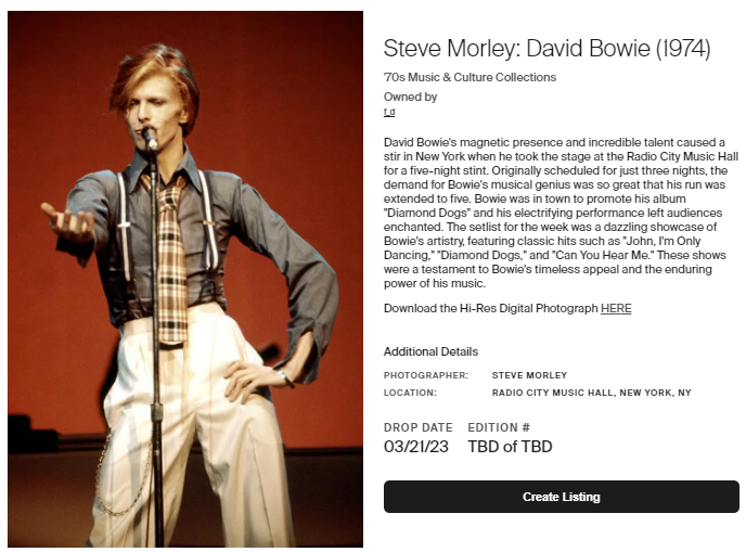 Picked up this David Bowie digital collectible from the <a href="/CandyDigital/">Candy</a> x <a href="/GettyImages/">Getty Images</a> drop.  It was one of 60 iconic images currently being sold for the next 27~ days.  I'll be excited to find out what my Edition # is next month.