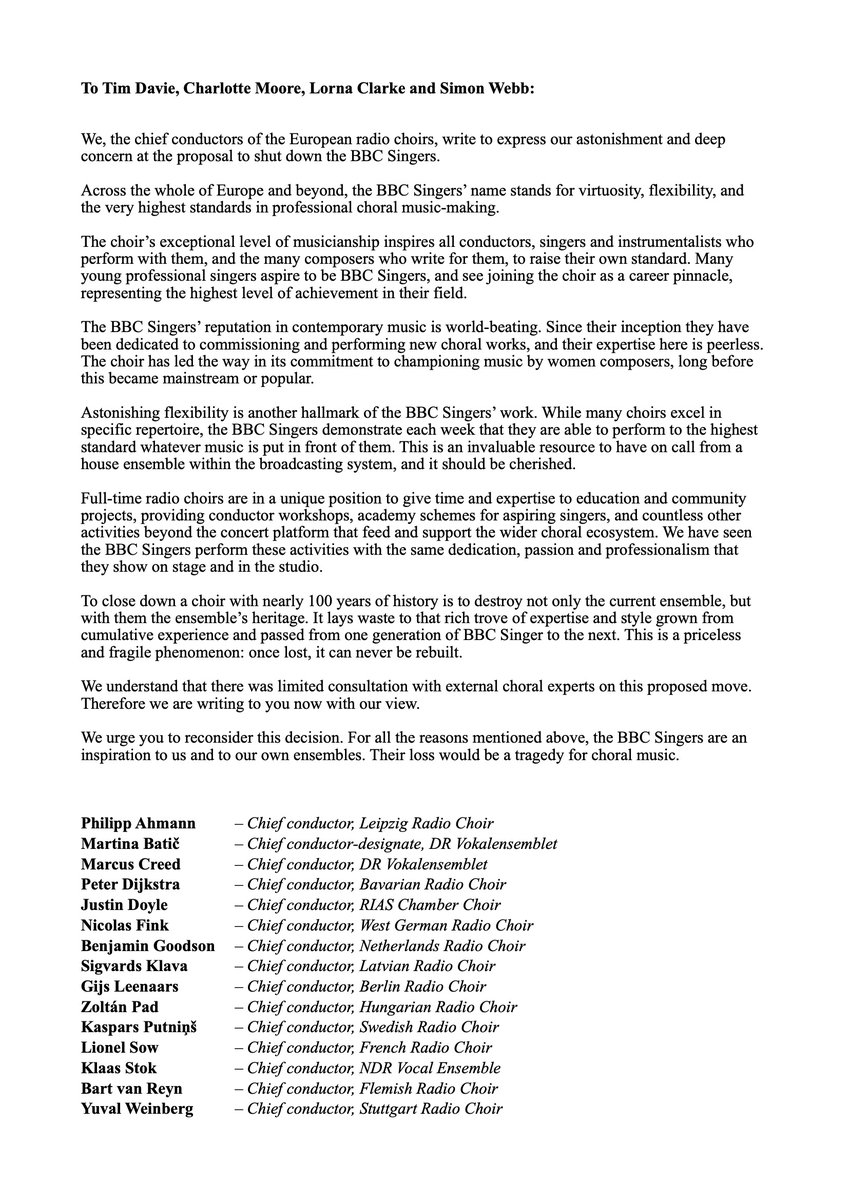 NEW LETTER: The chief conductors of *ALL* the European radio choirs are uniting against the planned closure of the @BBCSingers! We urge those responsible @BBC to reconsider. This world-class choir must be at the centre of any new strategy for choral music. #WeAreTheBBCSingers