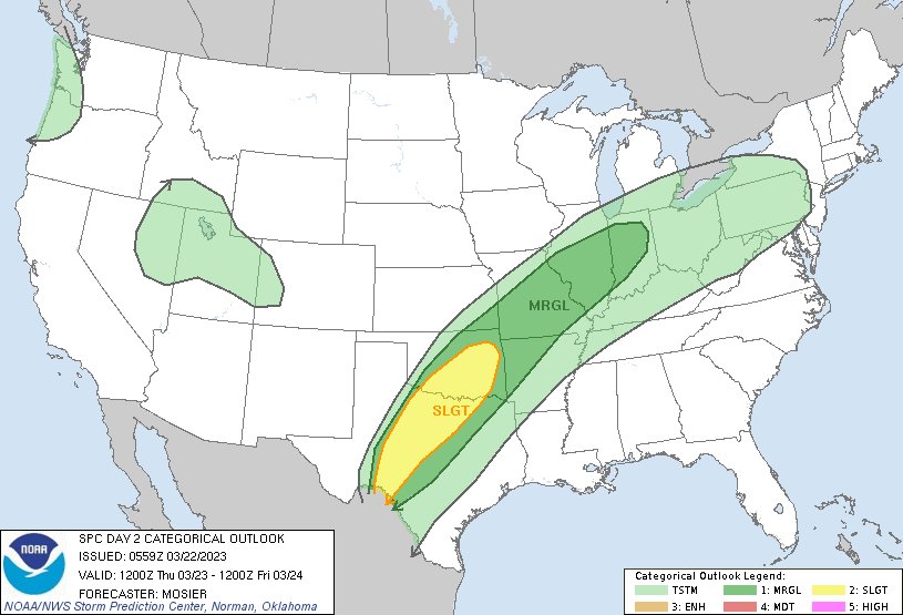 1:01am CDT #SPC Day2 Outlook Slight Risk: from central/eastern Oklahoma into the Texas Hill Country spc.noaa.gov/products/outlo…