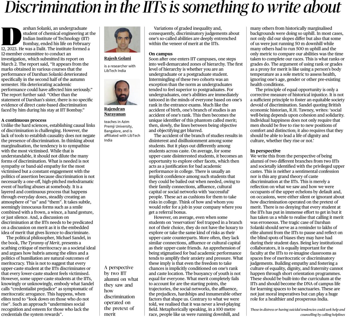 rajendran_naray's tweet photo. Rajesh Golani &amp; I write about the nature of caste discrimination &amp; the phantom idea of merit at IITs. We write from the perspective of upper caste alumni of 2 diff branches from 2 IITs. Thanks @humdrumstar_ &amp; Sakina for review &amp; feedback. https://t.co/zLbfzVNuqC