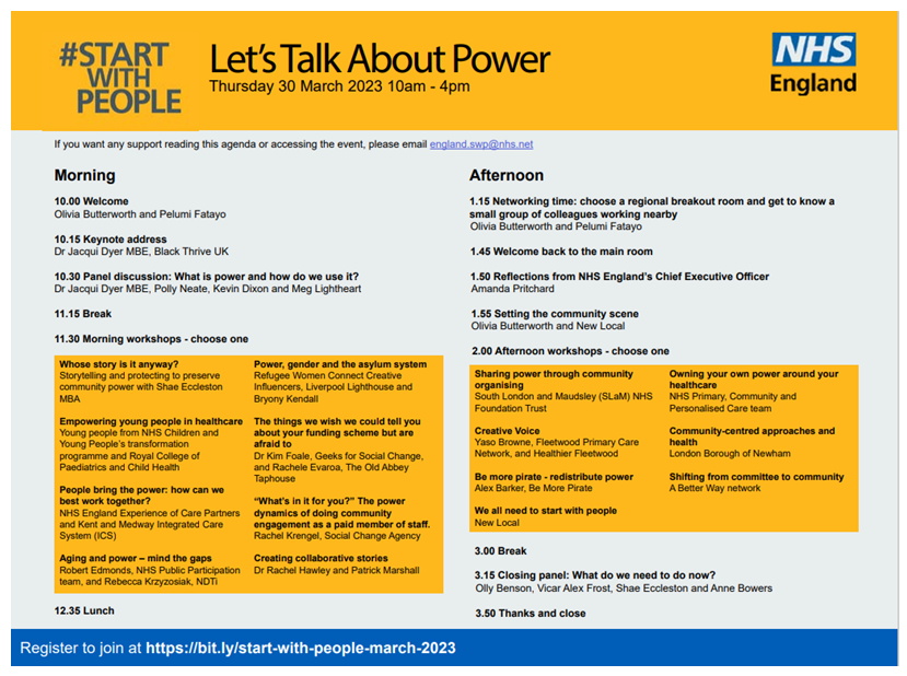 Power is the most important factor when it comes to making change happen, yet it's often not discussed. So it's great to see this focus to the free #StartWithPeople virtual event 30 March on working in partnership with people &amp; communities. Register: events.zoom.us/ev/Av1x_8NHdyI…