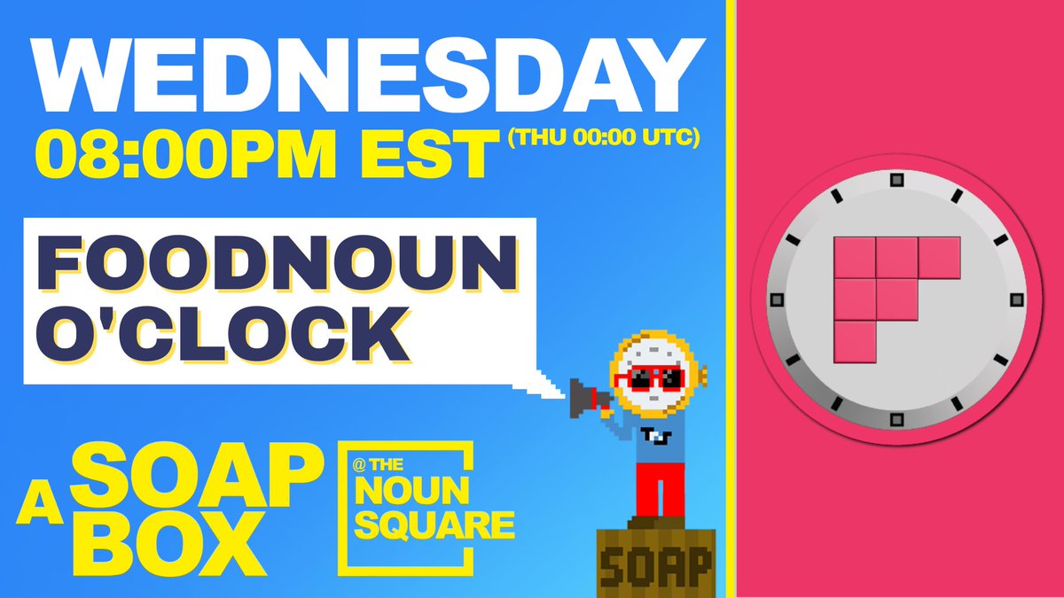 Join us every Wednesday at 8pm EST for another informative <a href="/FOODNOUNOCLOCK/">FOODNOUN O'CLOCK</a> TNS #Soapbox show with <a href="/cheffo_nft/">Grant | CHEFFO.⌐◨-◨</a>, special guests, and the <a href="/foodnouns/">FOODNOUNS DAO ⌐◨-◨</a> crew ⌐◧-◧

RSVP below 👇