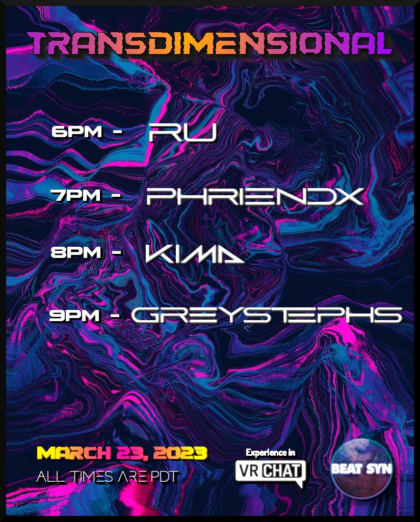 Synthakat's tweet image. Another round of wonderful and talented DJ's coming to TransDimensional and stay tune as the world will get a make over in a month here! #DJ #TransDimensional #Rave #Party #Beatsyn #VR #VRChat