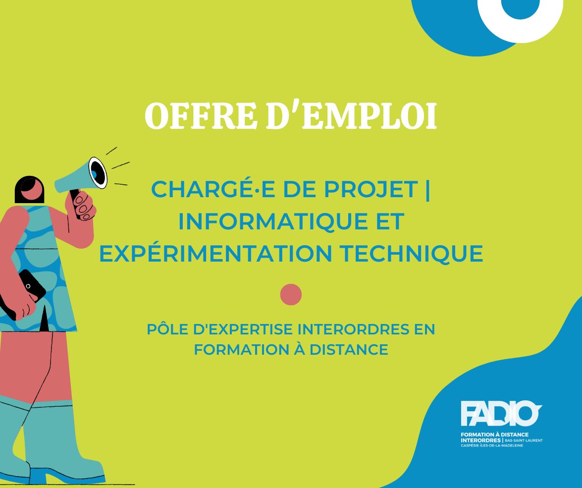 #EMPLOI | 𝗖𝗵𝗮𝗿𝗴𝗲́·𝗲 𝗱𝗲 𝗽𝗿𝗼𝗷𝗲𝘁 | 𝗜𝗻𝗳𝗼𝗿𝗺𝗮𝘁𝗶𝗾𝘂𝗲
𝗲𝘁 𝗲𝘅𝗽𝗲́𝗿𝗶𝗺𝗲𝗻𝘁𝗮𝘁𝗶𝗼𝗻 𝘁𝗲𝗰𝗵𝗻𝗶𝗾𝘂𝗲 (Pôle d'expertise interordres en formation à distance) 👉 Détails de l'offre : bit.ly/403xlwF
Postulez avant le 4 avril 2023, 16 h! #FAD #TIC