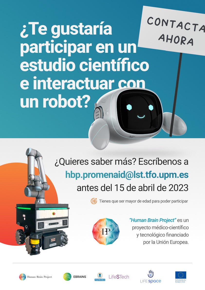 LifeSTech (@lifestech) on Twitter photo ¡Buscamos voluntarios para un experimento con un robot en la ETSIT! ¿Te interesa? Escríbenos a hbp.promenaid@lst.tfo.upm.es antes del 15 de abril para saber más. ¡Buscamos voluntarios para un experimento con un robot en la ETSIT! ¿Te interesa? Escríbenos a hbp.promenaid@lst.tfo.upm.es antes del 15 de abril para saber más.