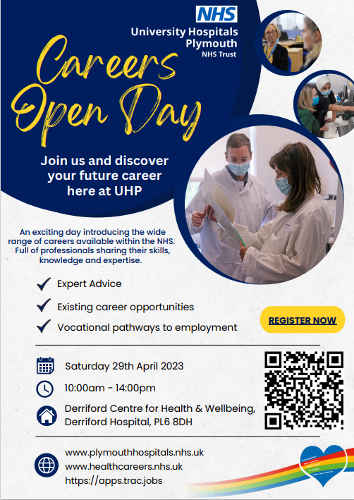 RDInUHP's tweet photo. Interested in a career in research? Join us Sat 29th April at @UHP_NHS Careers Open Day. Our research team will be there 10am-2pm &amp; look forward to discussing the wide range of opportunities available in our Research Department @Derrifordrecruitment @JCPinPlymouth @Plymouth_Jobs_ https://t.co/acAduqTTA2