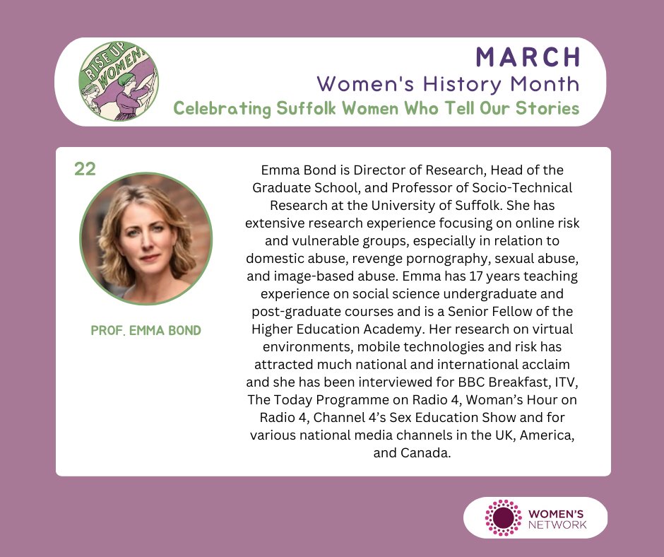 SccWomens's tweet photo. Women's History Month Day 22 - #ProfEmmaBond #womenshistorymonth #WHM2023 #SuffolkWomen https://t.co/YVI4oS9CkK