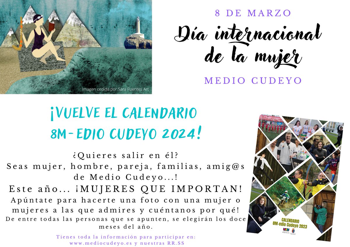 ¿Te gustaría aparecer en el Calendario 8M-edio Cudeyo para 2024? 💜Inscríbete para hacerte una foto, sol@, en familia, con amigos... con esa mujer a la que admiras  y cuéntanos por qué.
ℹ️ Inscripciones:
Centro Cultural Ramón Pelayo.
 942 522 685 
 centrocultural@mediocudeyo.es