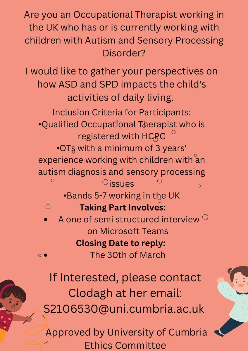 Support OT research!

Are you an OT working with ASD children with Sensory processing differences?
Can you take part on a short interview on the impact of SP on ADLs?

Closing date: 30th March 23

Please see more details below.
