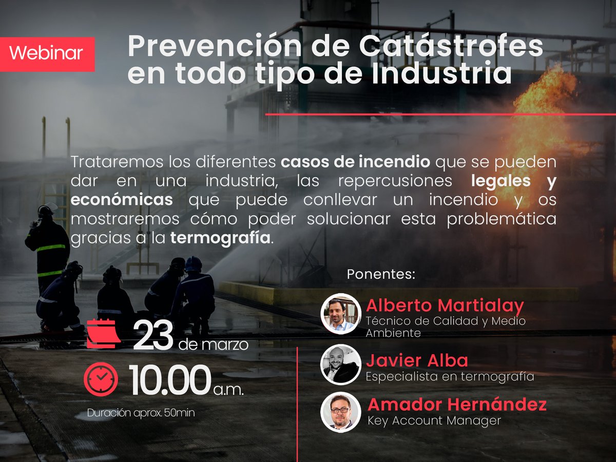 Vida__ip's tweet photo. Os recordamos que mañana 🗓️23 de marzo, jueves, tendrá lugar a las 🕙10:00 a.m. nuestro próximo webinar:

“Prevención de Catástrofes en todo tipo de Industrias”💡🔥

⏩Regístrate aquí: https://t.co/qcK6TSNIrd

¡Te esperamos!

#webinar #gratuito #formación #termografía #incendios https://t.co/whxgc6TCnM