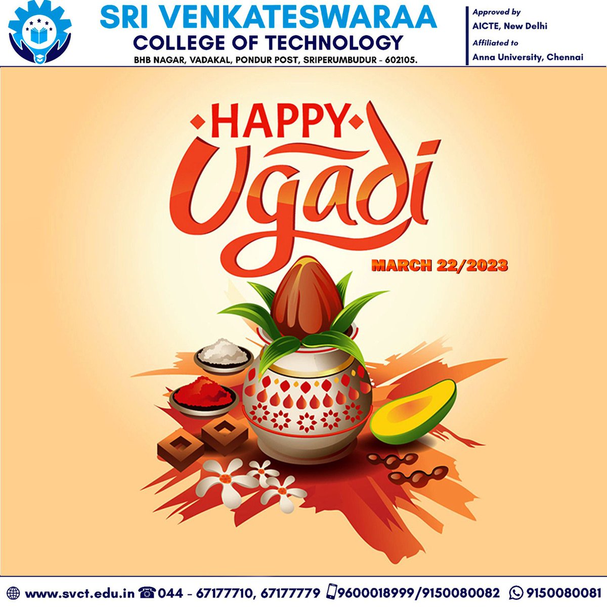 MediaSvct's tweet photo. SVCT hopes you have a joyful and prosperous Ugadi!
#ugadi #joy #celebration #svct #svctvirtual #happy #topcolleges #colourfulday #bestcollege https://t.co/mcCcrkN7tV