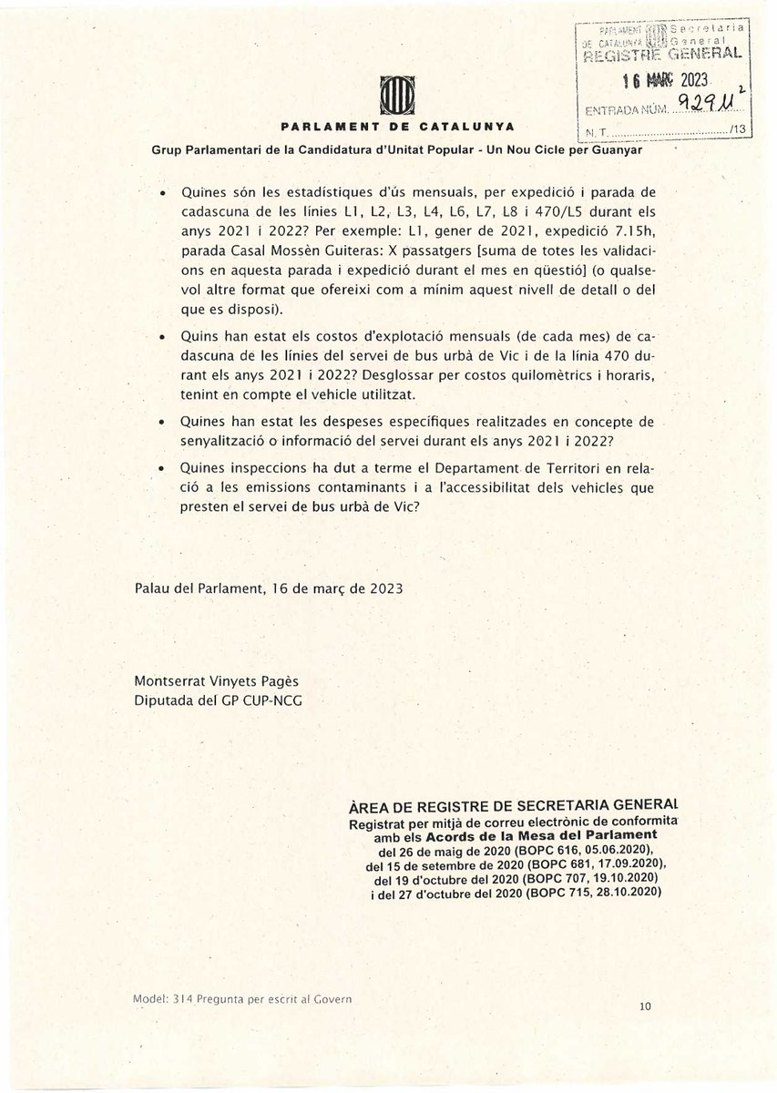 🚌 BUS URBÀ | La CUP registra al Parlament una bateria de preguntes al @Govern de la Generalitat per posar a l’abast de la població la situació del #busurbà de #Vic, actualment amb el conveni expirat: vic.cup.cat/noticia/la-cup…