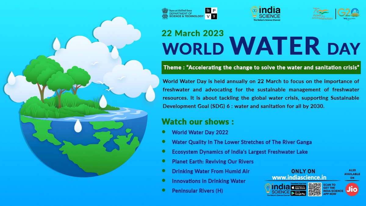 #WorldWaterDay is held annually on 22 March to focus on the importance of freshwater and advocating for the sustainable management of freshwater resources.
<a href="/PMOIndia/">PMO India</a> <a href="/DrJitendraSingh/">Dr Jitendra Singh</a> <a href="/IndiaDST/">DSTIndia</a> <a href="/PrinSciAdvGoI/">Principal Scientific Adviser, Govt. of India</a> <a href="/DBTIndia/">Department of Biotechnology</a> <a href="/CSIR_IND/">CSIR, India</a> <a href="/VigyanPrasar/">Vigyan Prasar</a> <a href="/nakulparashar/">Nakul Parashar</a>