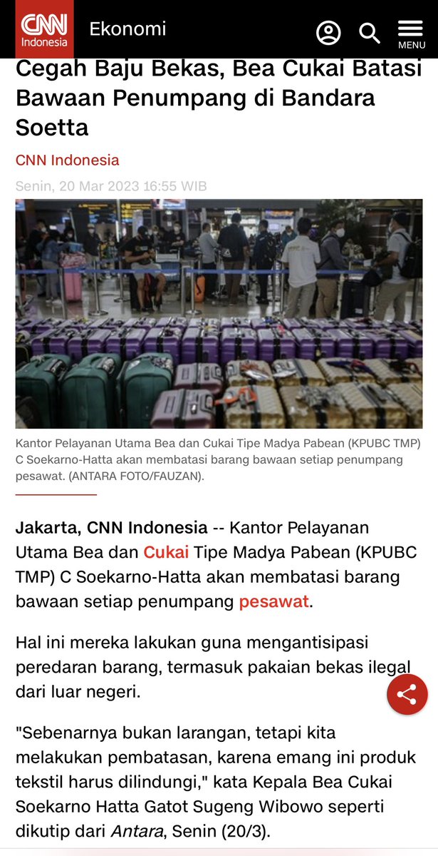 prastow's tweet photo. Kami sampaikan klarifikasi. Tidak ada pernyataan Kepala Kantor BC Soetta mengenai pembatasan barang bawaan berupa baju bekas di Bandara Soetta. Ini transkrip doorstop lengkap. Sangat clear! Kami jg sdh memberi klarifikasi ke @antaranews dan @CNNIndonesia cc Yth Pak @arsul_sani @kurawa