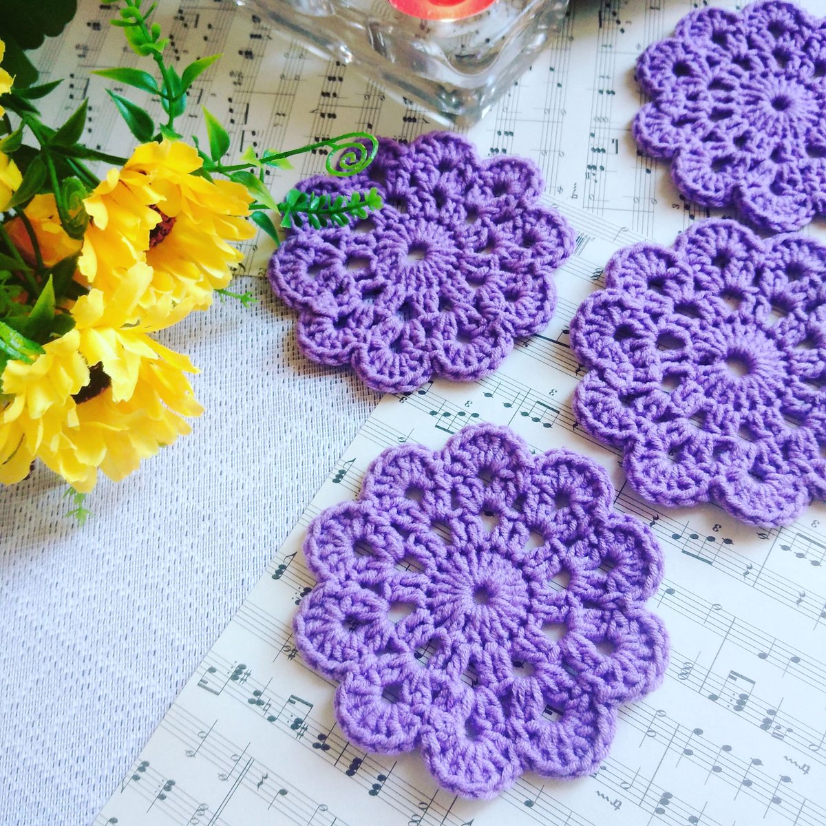 PepoRaia's tweet image. Purple crochet cotton coaster for hot and cold beverages, Set of four etsy.me/3na0F6r #setoffour #lilaccoasters #barware #drinkware #lilachomedecor #friendsgiftidea #fornewhome #crochetcoasters #cottoncoast