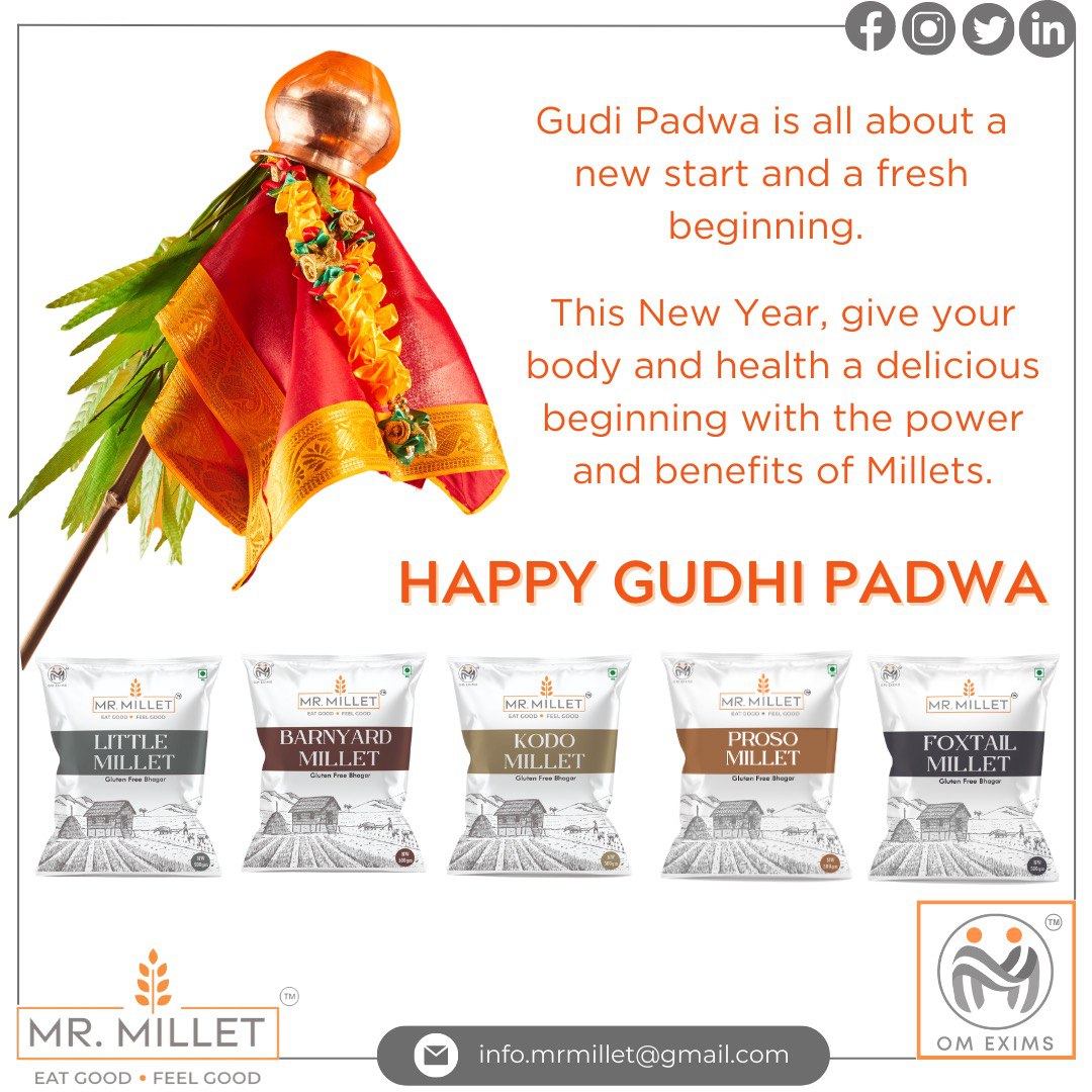 mrmillet_india's tweet photo. Happy Gudi Padwa! 
#gudipadwa #marathinewyear 
#nutrition #healthymillets        
#Littlemillet #BarnyardMillet     
#KodoMillet #FoxtailMillet     
#ProsoMillet      
#healthyfood    
#milletyear2023 #eatrightindia        
#sustainablecrop  #nutrition        
#bhagar #techgarner https://t.co/u6jOasue0Y