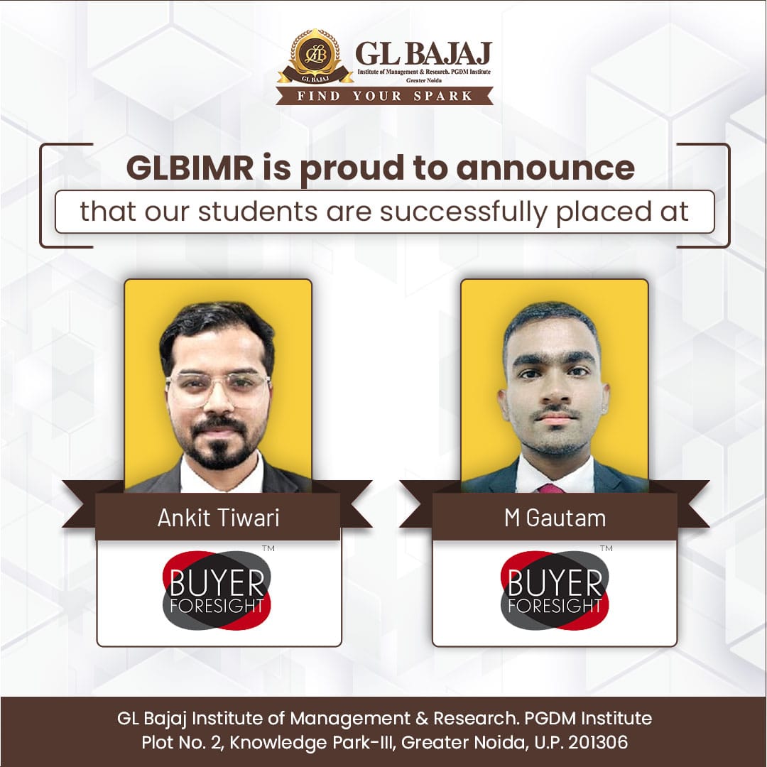 glbajajimr's tweet photo. GLBIMR is proud to announce that our PGDM 2021-23 students are successfully placed at Buyer Foresight.

We wish them the very best of luck in their future endeavours!

#GLBIMR #pgdminstitute #bschool #GLBians  #placements #drsapnarakesh #pgdmplacements #buyerforesight https://t.co/8vuVeEPS0G