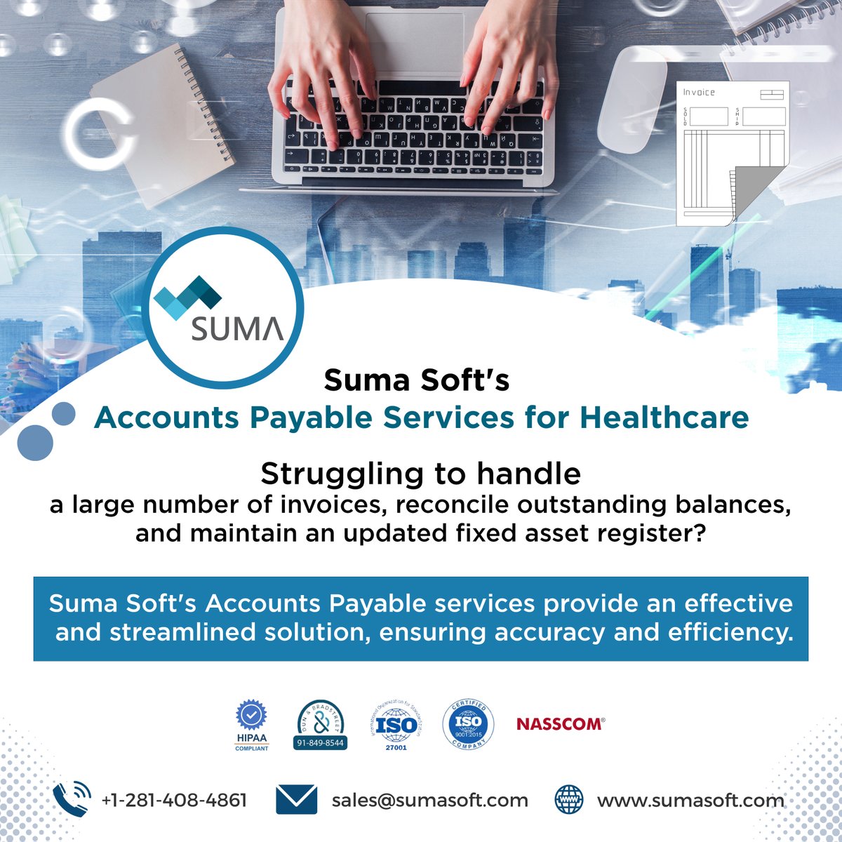 SumaSoftPvtLtd's tweet photo. Efficiently manage your payment processing with Suma Soft's Accounts Payable services. Our streamlined approach to invoice management, balance reconciliation, and fixed asset register updates ensures accuracy and takes your business to the next level.
#sumasoft #outsourcing #bpm https://t.co/edBIyMk9Fc