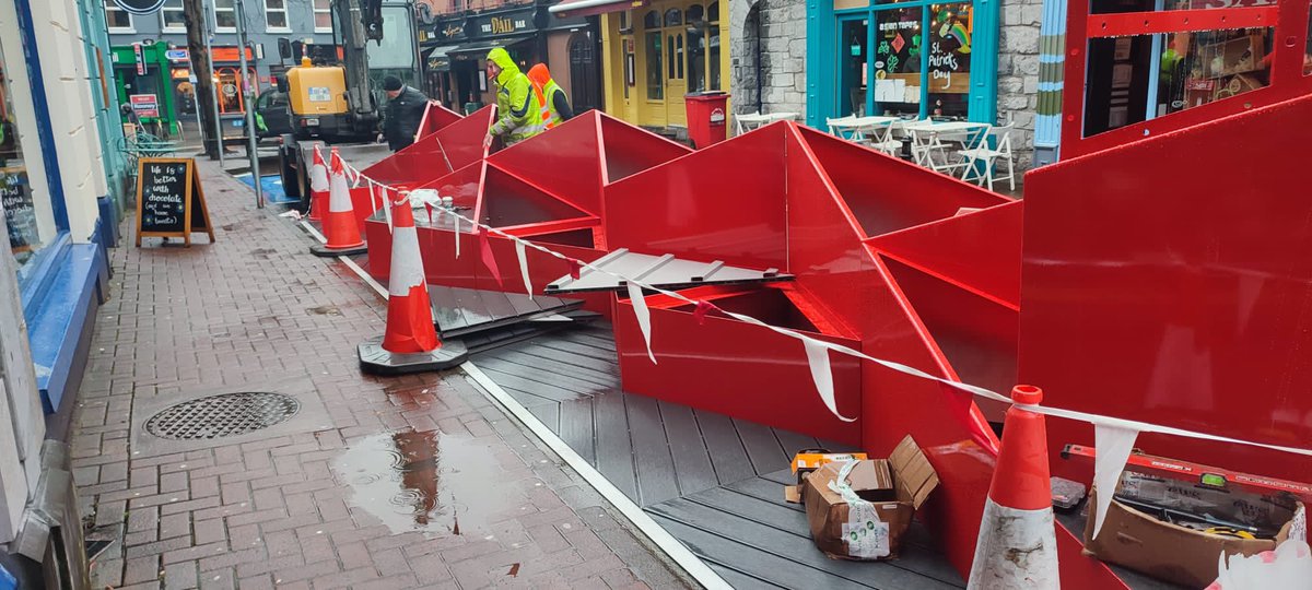 A2Architects's tweet photo. A2 are delighted to see the start of the installation of two parklets - one in Middle St. and another in Dominic St. Lower, Galway for @GalwayCityCo. Landscaping with herb planting, cycle parking and capping to taller feature to follow. https://t.co/FqrCZS2S54
