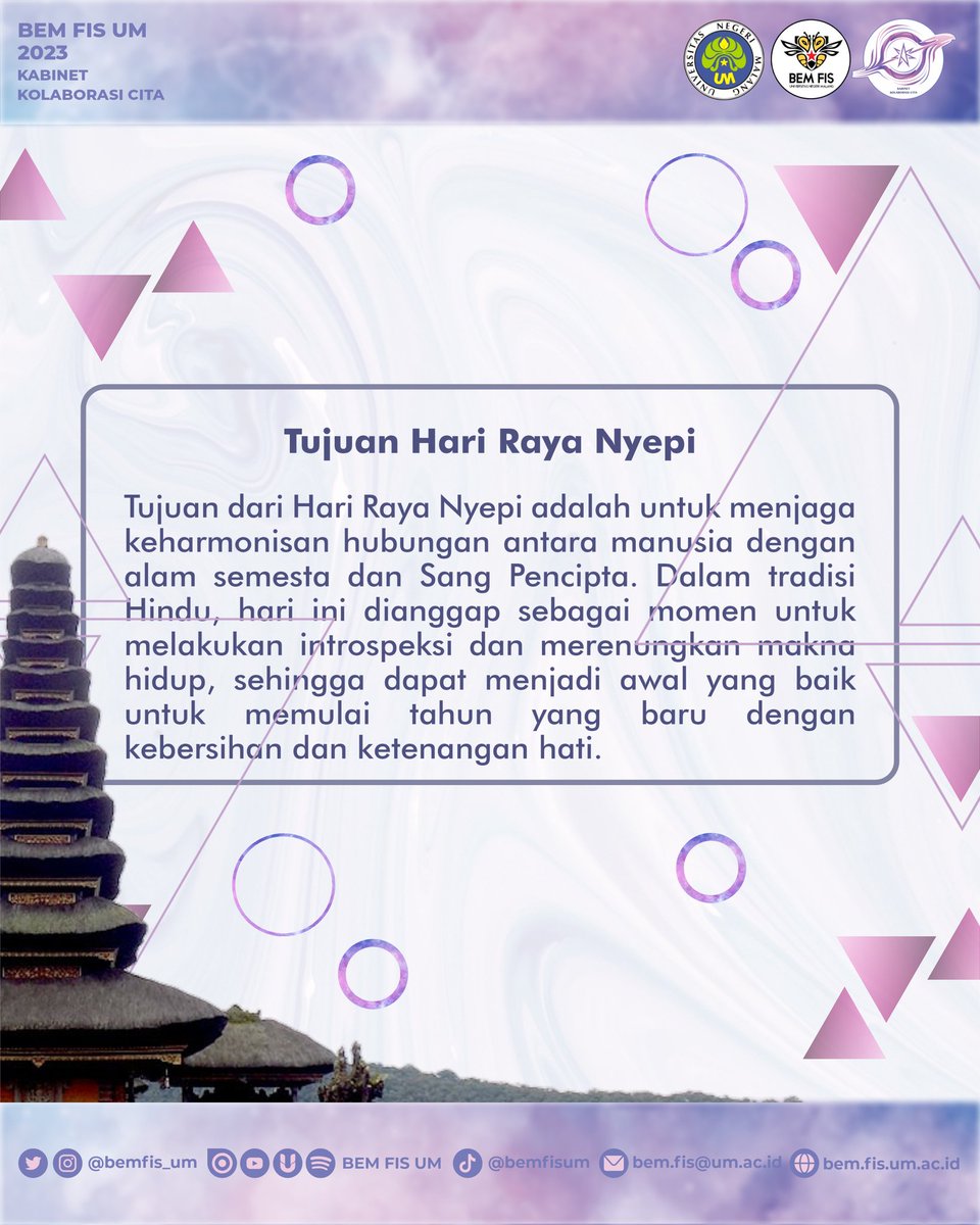 [SELAMAT HARI RAYA NYEPI TAHUN BARU SAKA 1945]
Halo Mahasiswa FIS!
"Selamat Hari Raya Nyepi Tahun Baru Saka 1945 semoga kedamaian dan kesucian selalu menyertai langkah kita dalam menjalani kehidupan."

Semoga tahun ini membawa kebahagiaan, kedamaian, dan kemakmuran.