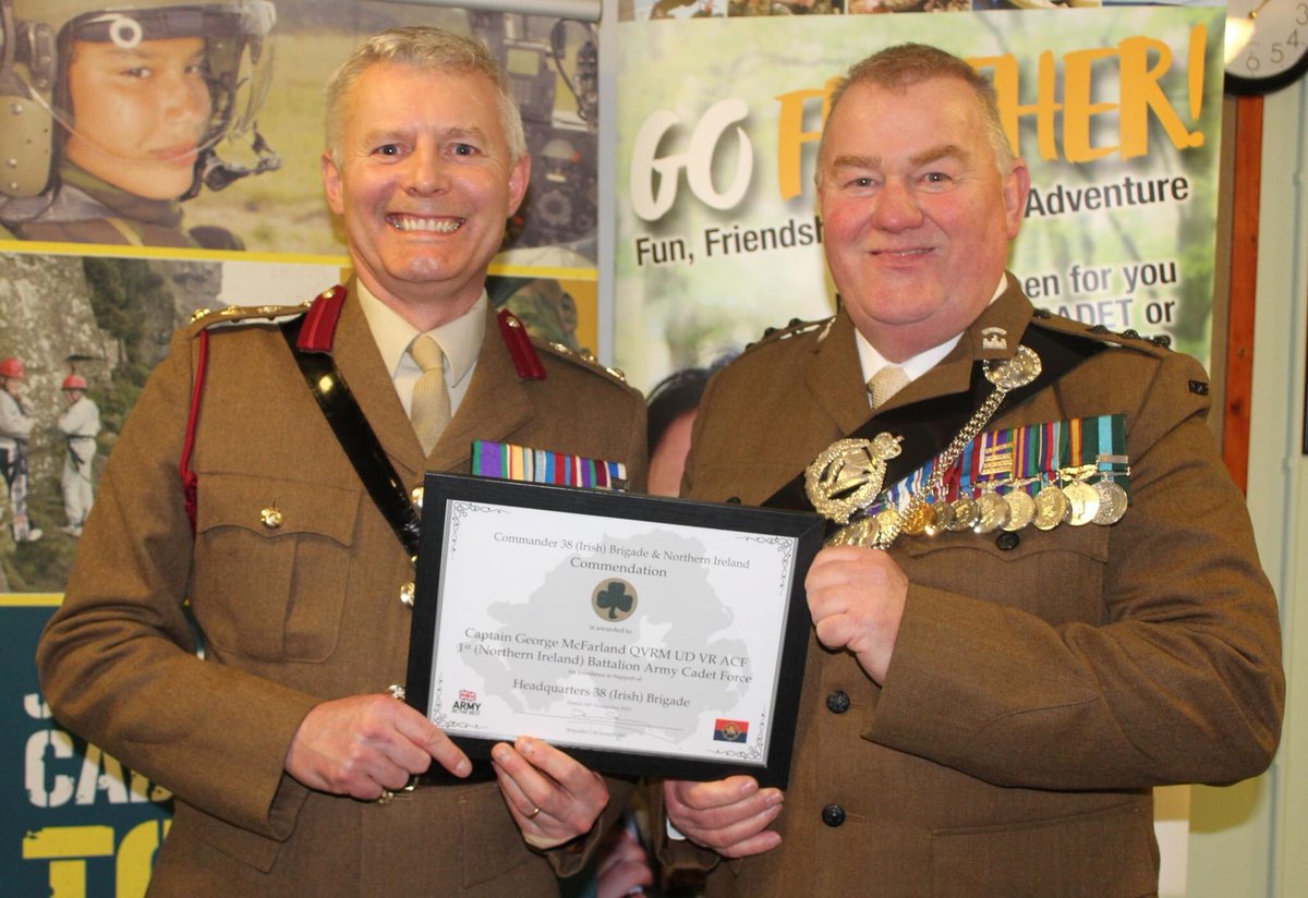 PMC_1NIACF's tweet photo. Congratulations to the 1 NI ACF Cadet Force Adult Volunteers who were recently awarded Commander 38X Commendations and Medals for their dedications and commitment to the Army Cadets https://t.co/wlLpWZAzja