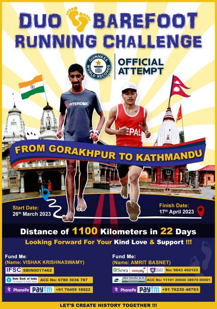 2 days left for the international Ultra Running World Record from India to Nepal 2023 from Gorakhpur to Katmandu 22 days.

Please do support us for the great cause .

milaap.org/fundraisers/su…