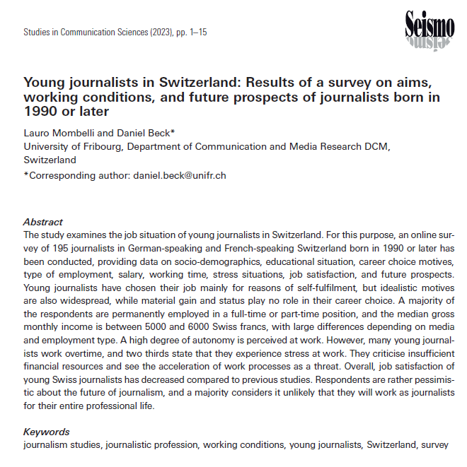 SComS: Studies in Communication Sciences (@scoms_journal) on Twitter photo What are the working conditions of young Swiss journalists like? The survey by Lauro Mombelli and Daniel Beck <a href="/dcm_unifr/">DCM Uni Fribourg</a> shows that many of them work overtime and are worried about the future of their profession.
Online first: doi.org/10.24434/j.sco… What are the working conditions of young Swiss journalists like? The survey by Lauro Mombelli and Daniel Beck <a href="/dcm_unifr/">DCM Uni Fribourg</a> shows that many of them work overtime and are worried about the future of their profession.
Online first: doi.org/10.24434/j.sco…