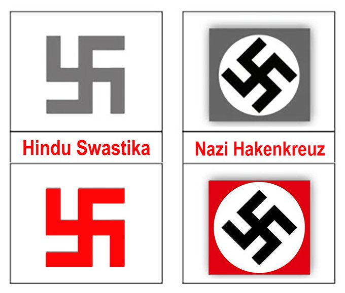 เอ้า ช่วยกันรี Swastika ไม่ใช่ Hakenkreuz!!! Swastika มีอยู่ก่อนหน้านั้นนานแล้ว เป็นสัญลักษณ์แห่งความโชคดีในฮินดู/พุทธ แล้วอินาซีมันเอาสวัสติกะมาเป็นต้นแบบ Hakenkreuz อีกทีนึง ไม่อยากให้คนเรียกสลับกันเพราะในปัจจุบันก็ยังมีประเทศที่ใช้สวัสติกะอยู่ (cr. รูปจาก @/meamitn)