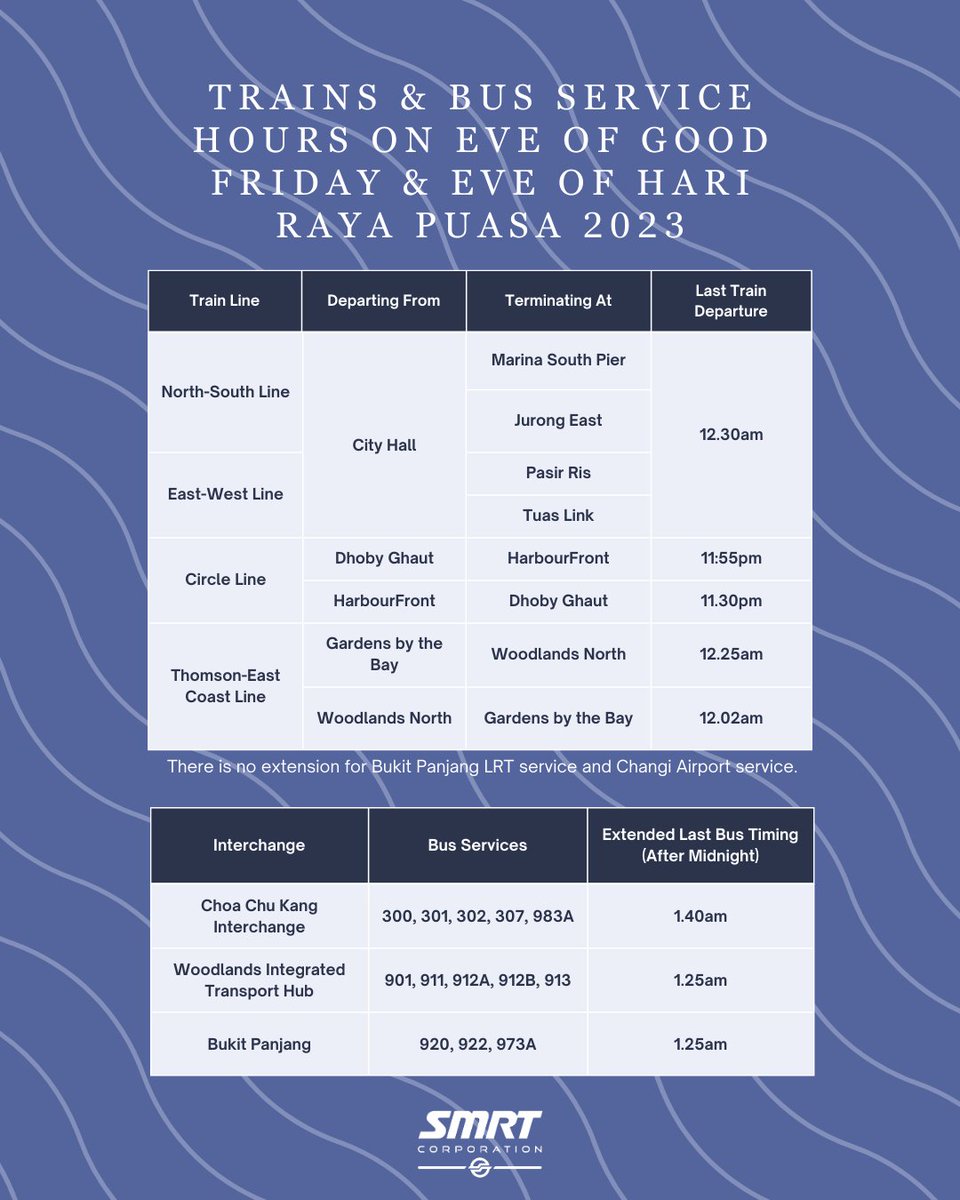 SMRT_Singapore's tweet photo. Train services on the 🚊 North-South, East-West, Circle &amp; Thomson-East Coast Lines, and some 🚍 bus services will be extended for commuters travelling late on the eve of Good Friday (6 April) and eve of Hari Raya Puasa (21 April).😊Refer to the poster for more info. 👀#SMRT https://t.co/Qwz2LbAivf