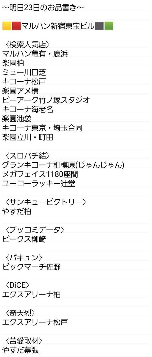 3/23 東京・埼玉キコーナ
6店舗「合同」法則
「3台並び×3本以上」
各店舗でのんびりと探せる日!
全系や⑥にこだわる仕掛けの店も⁉️
リカバ店としても🙆🏻
🅿️パチはエヴァは推し⁉️
それぞれの狙い⬇
#キコーナ府中
#キコーナ新宿三丁目
#キコーナ蒲田
#キコーナ平井
#キコーナ草加
#キコーナ荻島